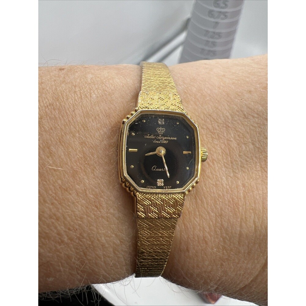 Jules Jurgensen Vtg Quartz Watch Black Dial Gold Tone Small Band Tested Works